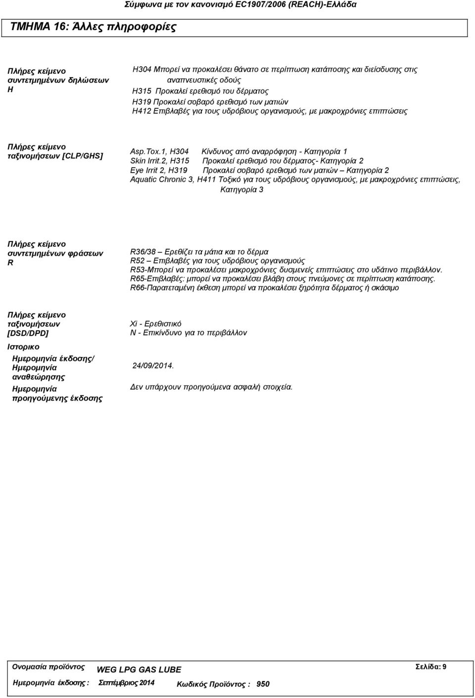 [CLP/GHS] Asp.Tox.1, H304 Κίνδυνος από αναρρόφηση - Κατηγορία 1 Skin Irrit.