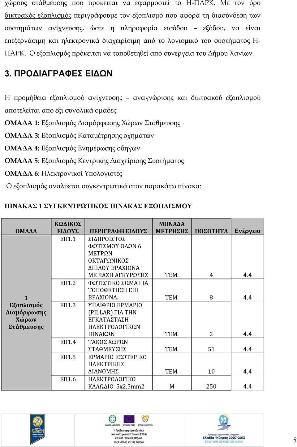 το λογισμικό του συστήματος Η- ΠΑΡΚ. Ο εξοπλισμός πρόκειται να τοποθετηθεί από συνεργεία του Δήμου Χανίων. 3.