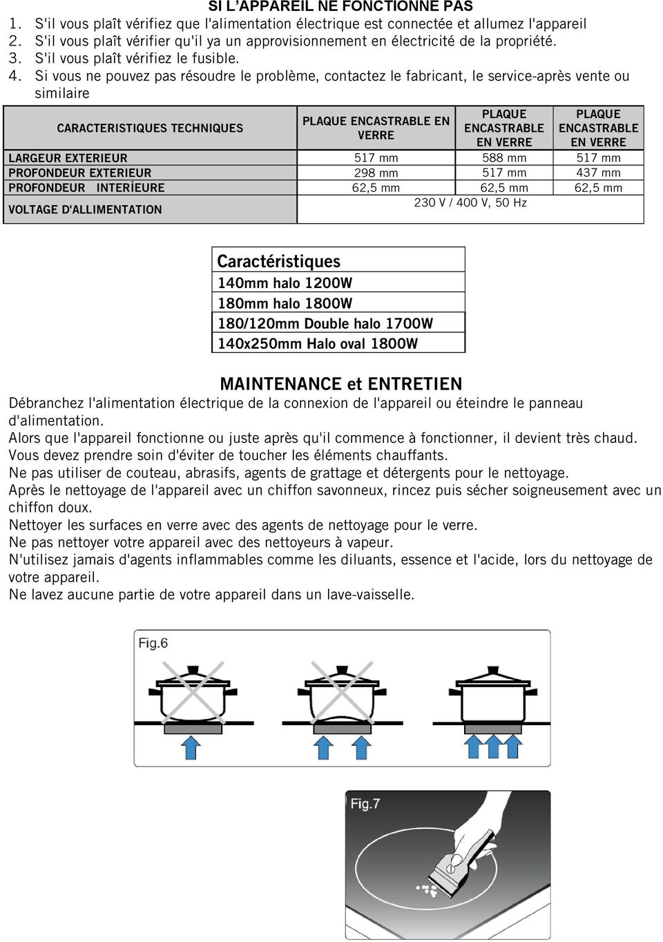 Si vous ne pouvez pas résoudre le problème, contactez le fabricant, le service-après vente ou similaire CARACTERISTIQUES TECHNIQUES PLAQUE ENCASTRABLE EN VERRE PLAQUE ENCASTRABLE EN VERRE PLAQUE