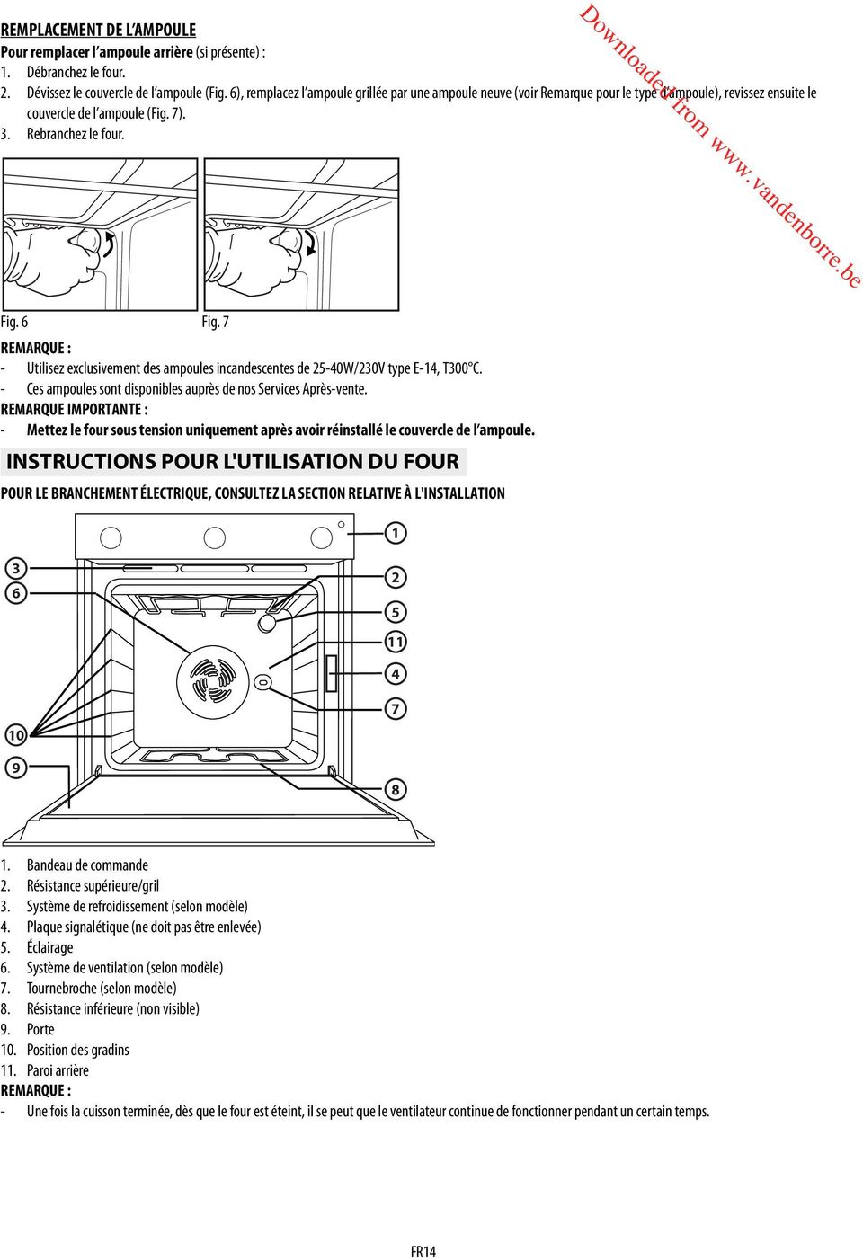 7 REMARQUE : - Utilisez exclusivement des ampoules incandescentes de 25-40W/230V type E-14, T300 C. - Ces ampoules sont disponibles auprès de nos Services Après-vente.