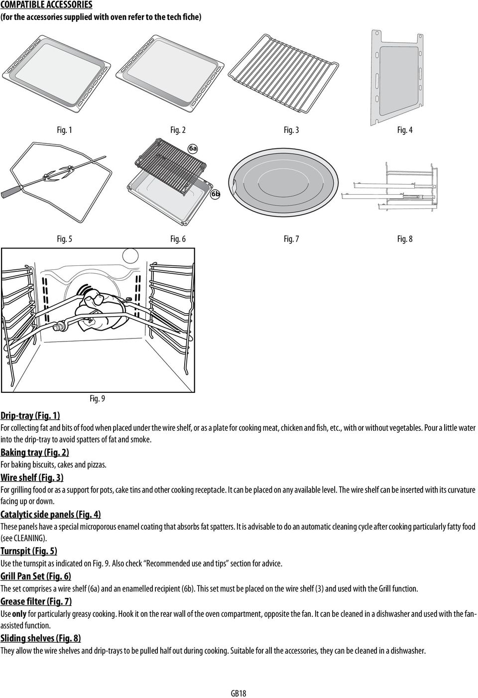 Pour a little water into the drip-tray to avoid spatters of fat and smoke. Baking tray (Fig. 2) For baking biscuits, cakes and pizzas. Wire shelf (Fig.