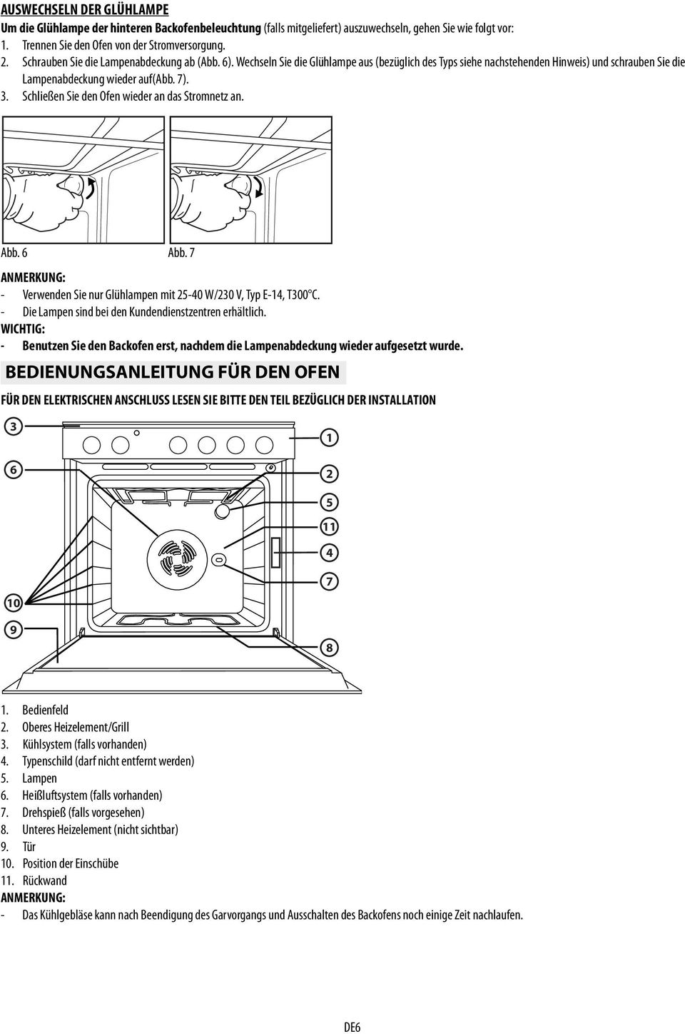 Schließen Sie den Ofen wieder an das Stromnetz an. Abb. 6 Abb. 7 ANMERKUNG: - Verwenden Sie nur Glühlampen mit 25-40 W/230 V, Typ E-14, T300 C.