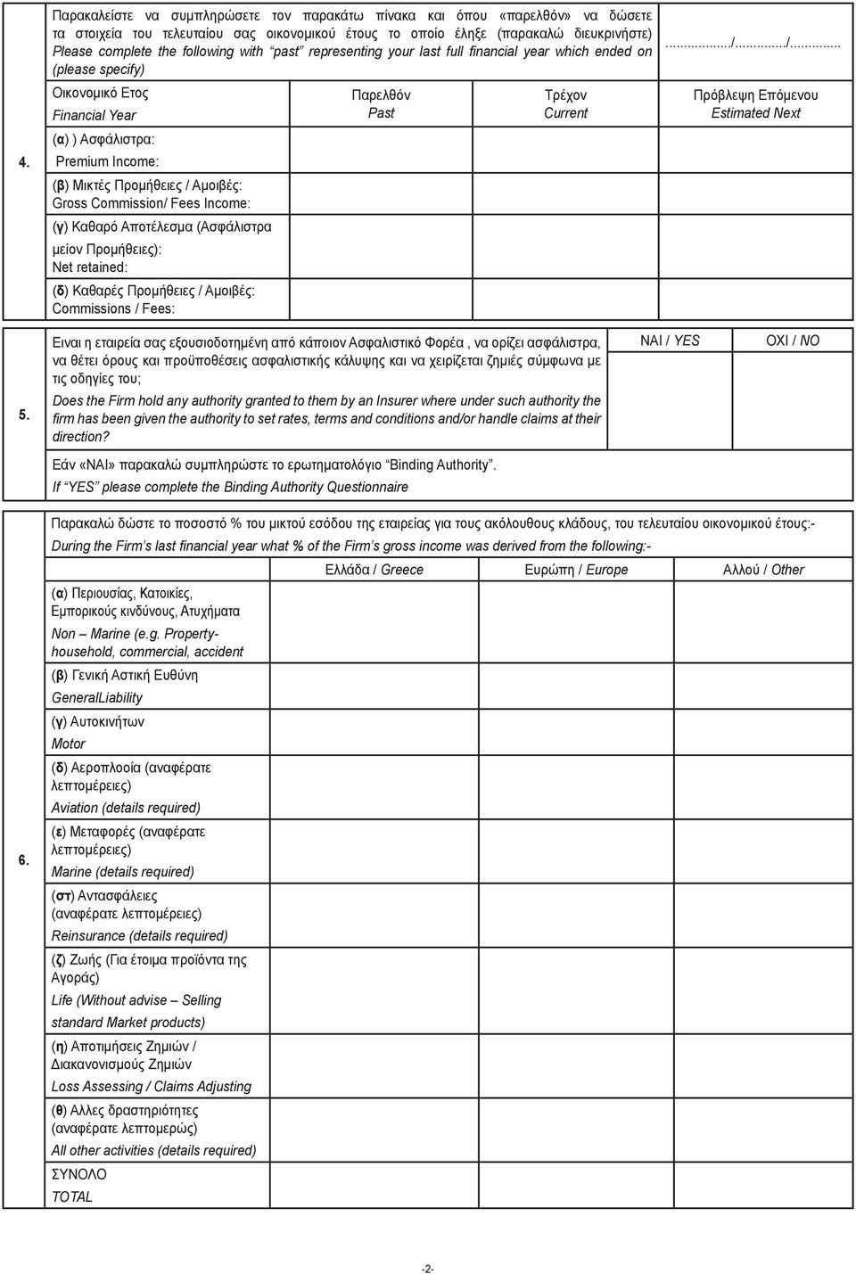 Commission/ Fees Income: (γ) Καθαρό Αποτέλεσμα (Ασφάλιστρα μείον Προμήθειες): Net retained: (δ) Καθαρές Προμήθειες / Αμοιβές: Commissions / Fees: Παρελθόν Past Τρέχον Current.../.../... Πρόβλεψη Επόμενου Estimated Next 5.