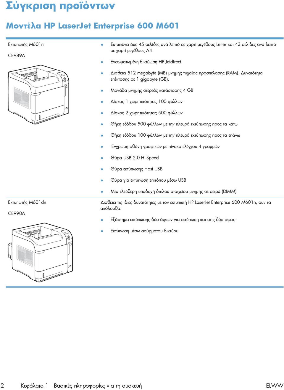 Μονάδα μνήμης στερεάς κατάστασης 4 GB Δίσκος 1 χωρητικότητας 100 φύλλων Δίσκος 2 χωρητικότητας 500 φύλλων Θήκη εξόδου 500 φύλλων με την πλευρά εκτύπωσης προς τα κάτω Θήκη εξόδου 100 φύλλων με την