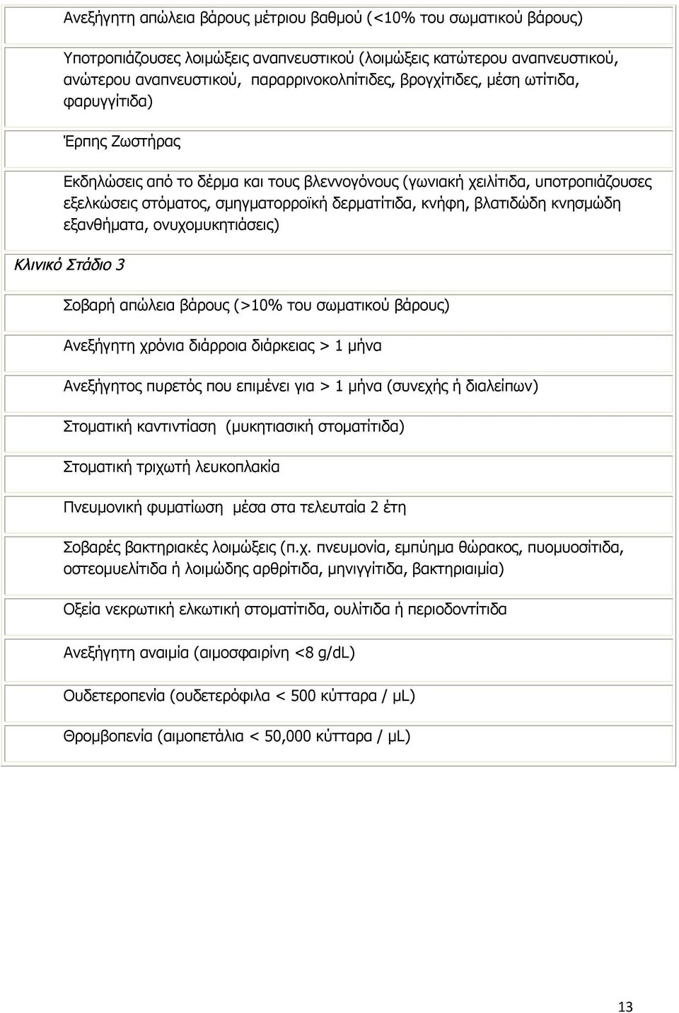 βλατιδώδη κνησμώδη εξανθήματα, ονυχομυκητιάσεις) Κλινικό Στάδιο 3 Σοβαρή απώλεια βάρους (>10% του σωματικού βάρους) Ανεξήγητη χρόνια διάρροια διάρκειας > 1 μήνα Ανεξήγητος πυρετός που επιμένει για >