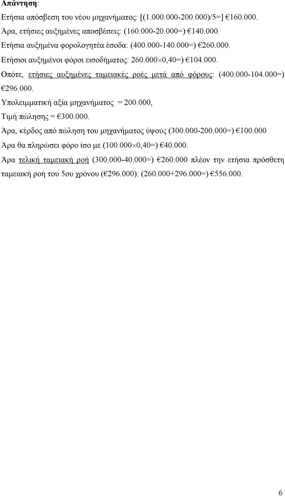 000. Άρα, κέρδος από πώληση του µηχανήµατος ύψους (300.000-=) 100.000 Άρα θα πληρώσει φόρο ίσο µε (100.000 0,40=) 40.000. Άρα τελική ταµειακή ροή (300.000-40.