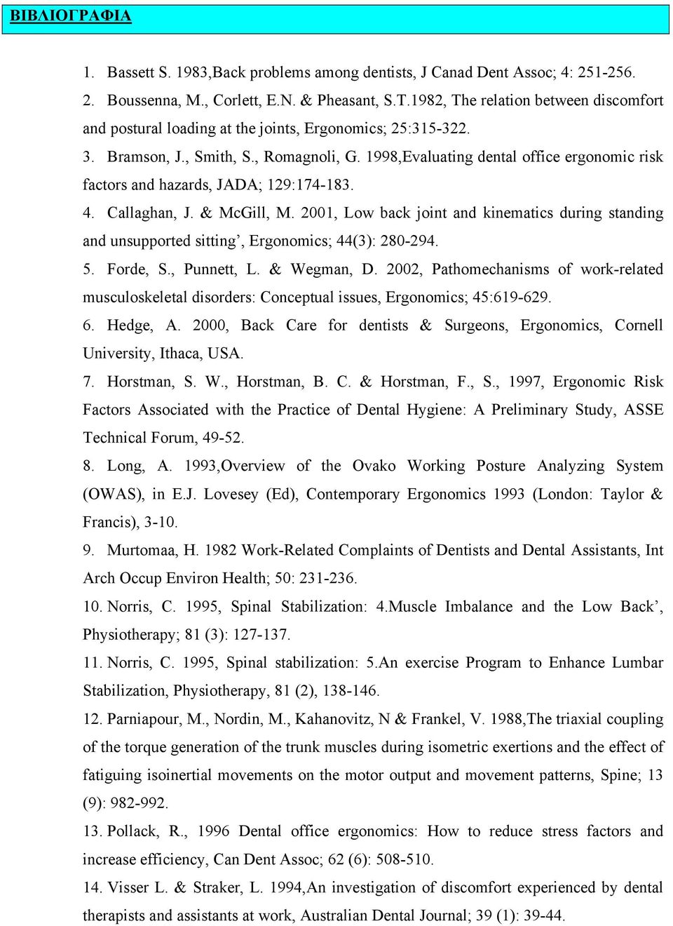 1998,Evaluating dental office ergonomic risk factors and hazards, JADA; 129:174-183. 4. Callaghan, J. & McGill, M.