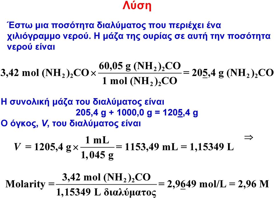 2 2 2 2 2 1 mol (NH 2) 2CO Η συνολική μάζα του διαλύματος είναι 205,4 g + 1000,0 g = 1205,4 g Οόγκος, V,