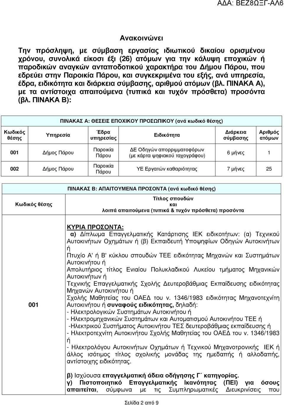 ΠΙΝΑΚΑ Α), µε τα αντίστοιχα απαιτούµενα (τυπικά και τυχόν πρόσθετα) προσόντα (βλ.