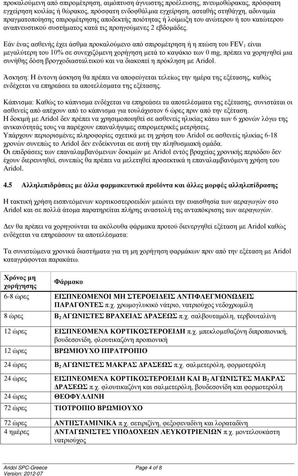 Εάν ένας ασθενής έχει άσθμα προκαλούμενο από σπιρομέτρηση ή η πτώση του FEV 1 είναι μεγαλύτερη του 10% σε συνεχιζόμενη χορήγηση μετά το καψάκιο των 0 mg, πρέπει να χορηγηθεί μια συνήθης δόση