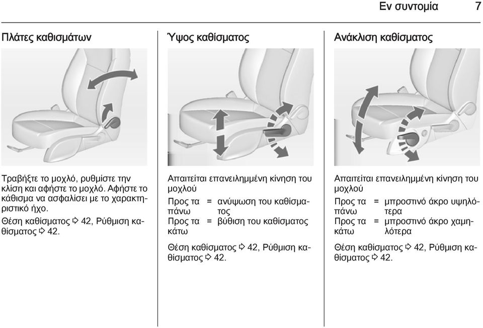πάνω Προς τα κάτω Απαιτείται επανειλημμένη κίνηση του μοχλού Προς τα = ανύψωση του καθίσματος = βύθιση του καθίσματος Θέση καθίσματος 3 42,