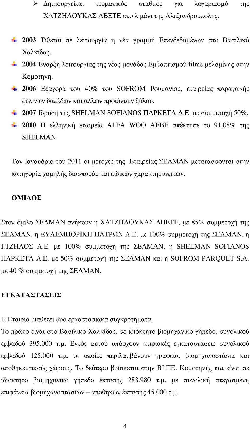 2007 Ίδρυση της SHELMAN SOFIANOS ΠΑΡΚΕΤΑ Α.Ε. µε συµµετοχή 50%. 2010 Η ελληνική εταιρεία ALFA WOO AEBE απέκτησε το 91,08% της SHELMAN.