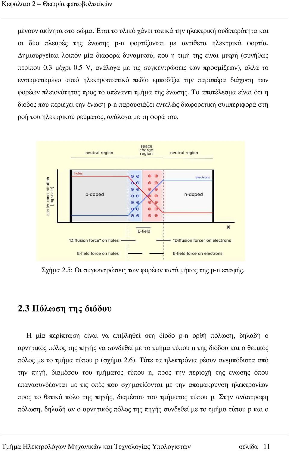 5 V, ανάλογα µε τις συγκεντρώσεις των προσµίξεων), αλλά το ενσωµατωµένο αυτό ηλεκτροστατικό πεδίο εµποδίζει την παραπέρα διάχυση των φορέων πλειονότητας προς το απέναντι τµήµα της ένωσης.