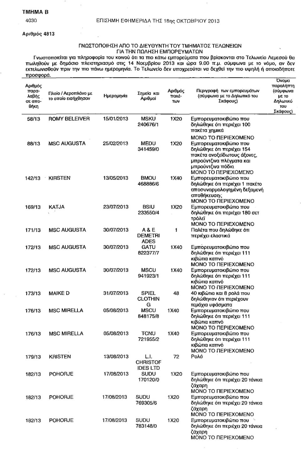 Το Τελωνείο δεν υποχρεούται να δεχθεί την πιο υψηλή ή οποιαδήποτε προσφορά.