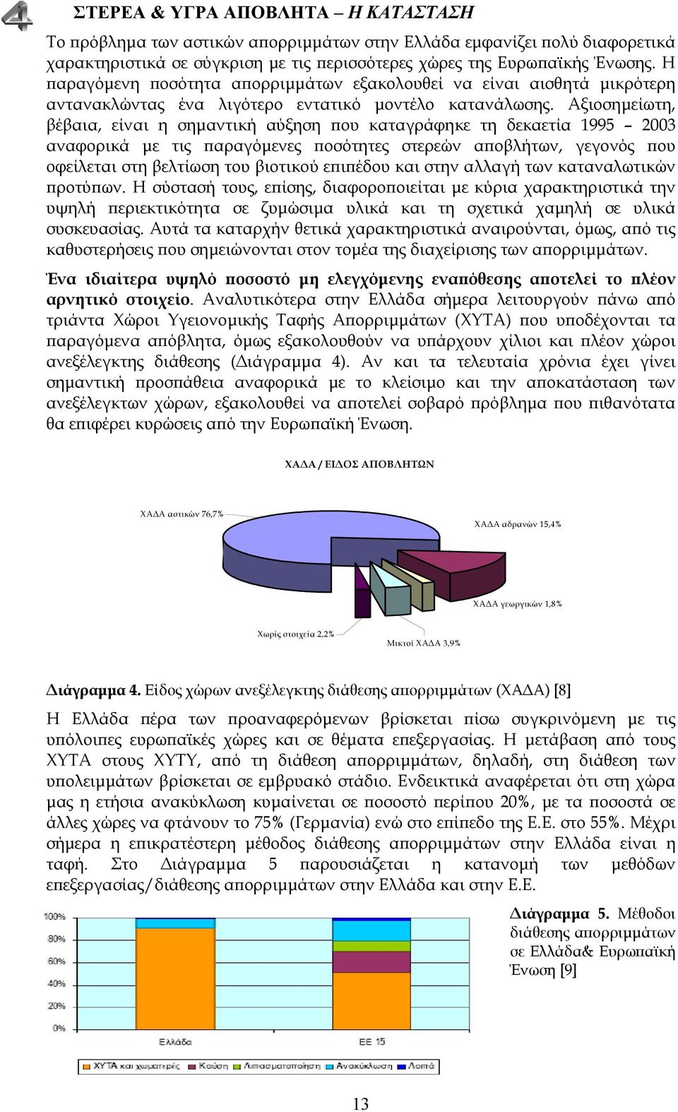 Αξιοσηµείωτη, βέβαια, είναι η σηµαντική αύξηση που καταγράφηκε τη δεκαετία 1995 23 αναφορικά µε τις παραγόµενες ποσότητες στερεών αποβλήτων, γεγονός που οφείλεται στη βελτίωση του βιοτικού επιπέδου