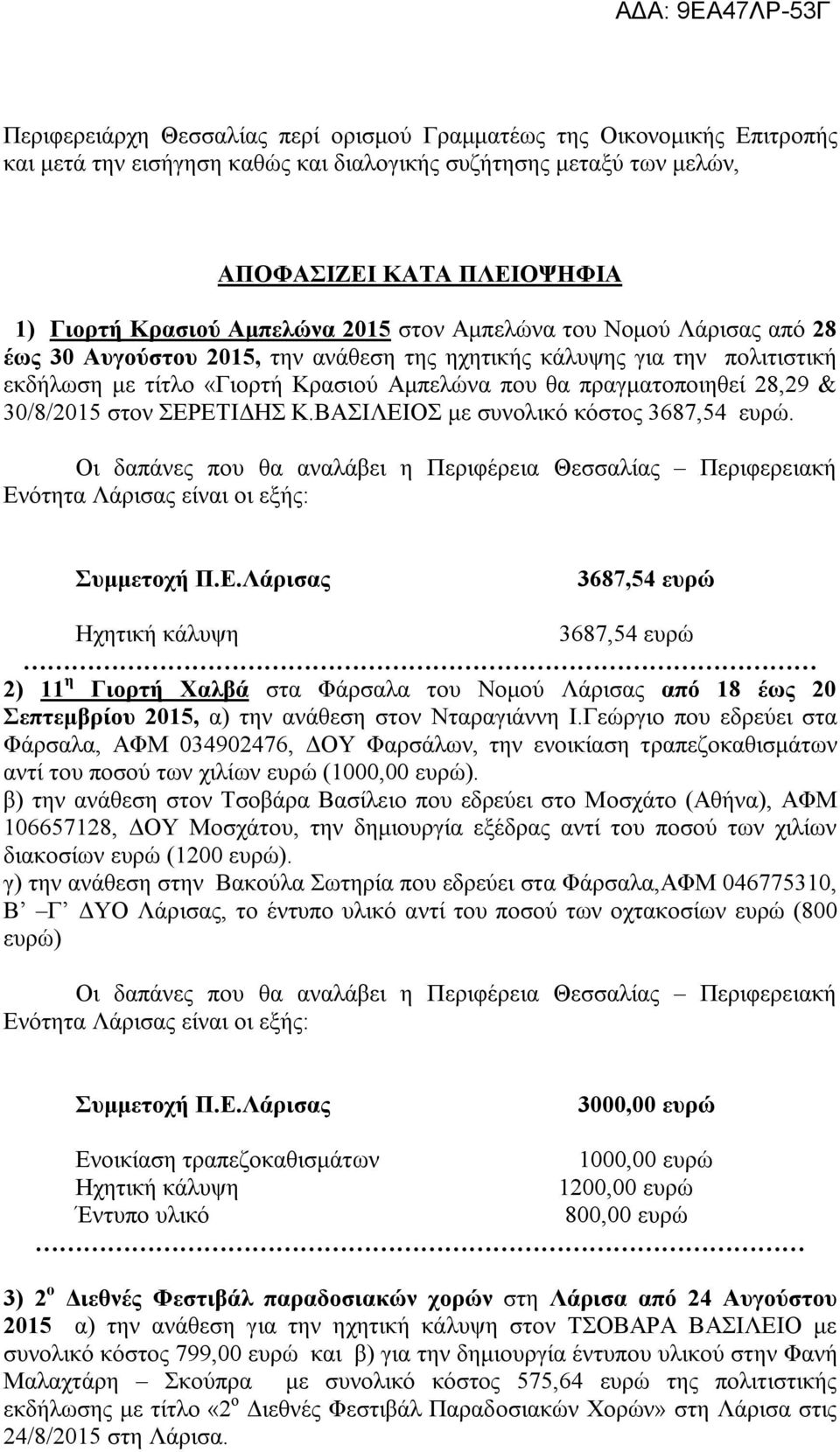 30/8/2015 στον ΣΕΡΕΤΙΔΗΣ Κ.ΒΑΣΙΛΕΙΟΣ με συνολικό κόστος 3687,54 ευρώ.