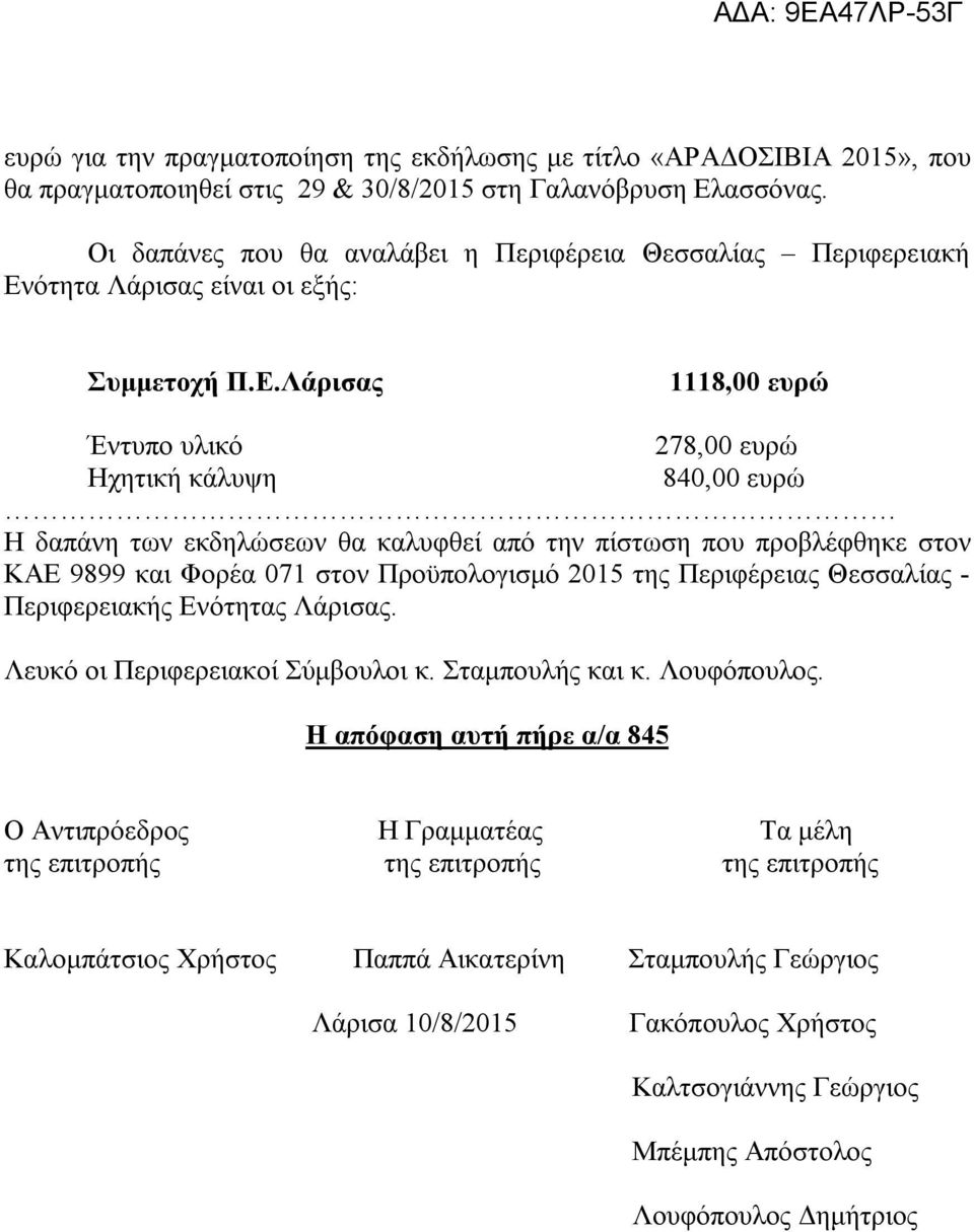 Περιφέρειας Θεσσαλίας - Περιφερειακής Ενότητας Λάρισας. Λευκό οι Περιφερειακοί Σύμβουλοι κ. Σταμπουλής και κ. Λουφόπουλος.