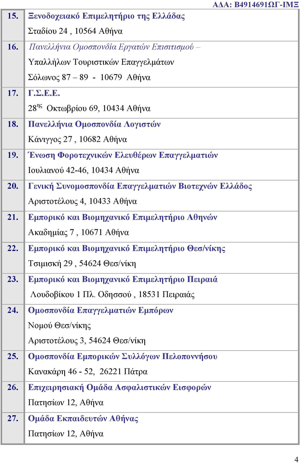 Γενική Συνομοσπονδία Επαγγελματιών Βιοτεχνών Ελλάδος Αριστοτέλους 4, 10433 Αθήνα 21. Εμπορικό και Βιομηχανικό Επιμελητήριο Αθηνών Ακαδημίας 7, 10671 Αθήνα 22.