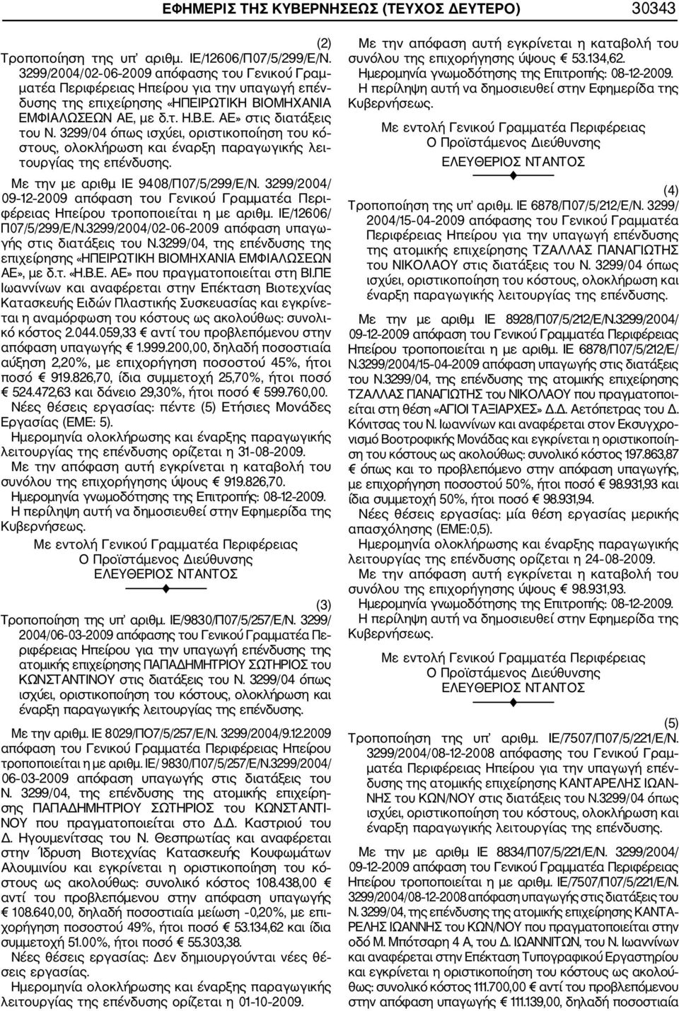 3299/04 όπως ισχύει, οριστικοποίηση του κό στους, ολοκλήρωση και έναρξη παραγωγικής λει τουργίας της επένδυσης. Με την με αριθμ ΙΕ 9408/Π07/5/299/Ε/Ν.