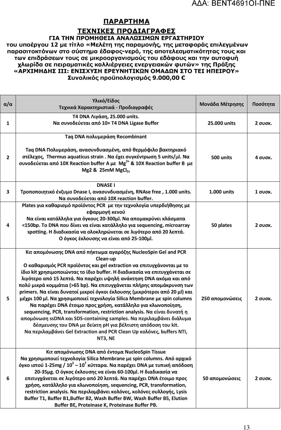 ΕΡΕΥΝΗΤΙΚΩΝ ΟΜΑ ΩΝ ΣΤΟ ΤΕΙ ΗΠΕΙΡΟΥ» Συνολικός προϋπολογισμός 9.000,00 α/α 1 Υλικό/Είδος Τεχνικά Χαρακτηριστικά Προδιαγραφές Μονάδα Μέτρησης Ποσότητα T4 DNA Λιγάση, 25.000 units.