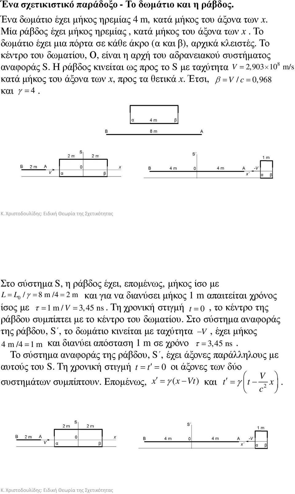 Η ράβδος κινείται ως προς το Sµε ταχύτητα V = κατά µήκος του άξονα των x, προς τα θετικά x. Έτσι, β = V / c= 0,968 και γ = 4.