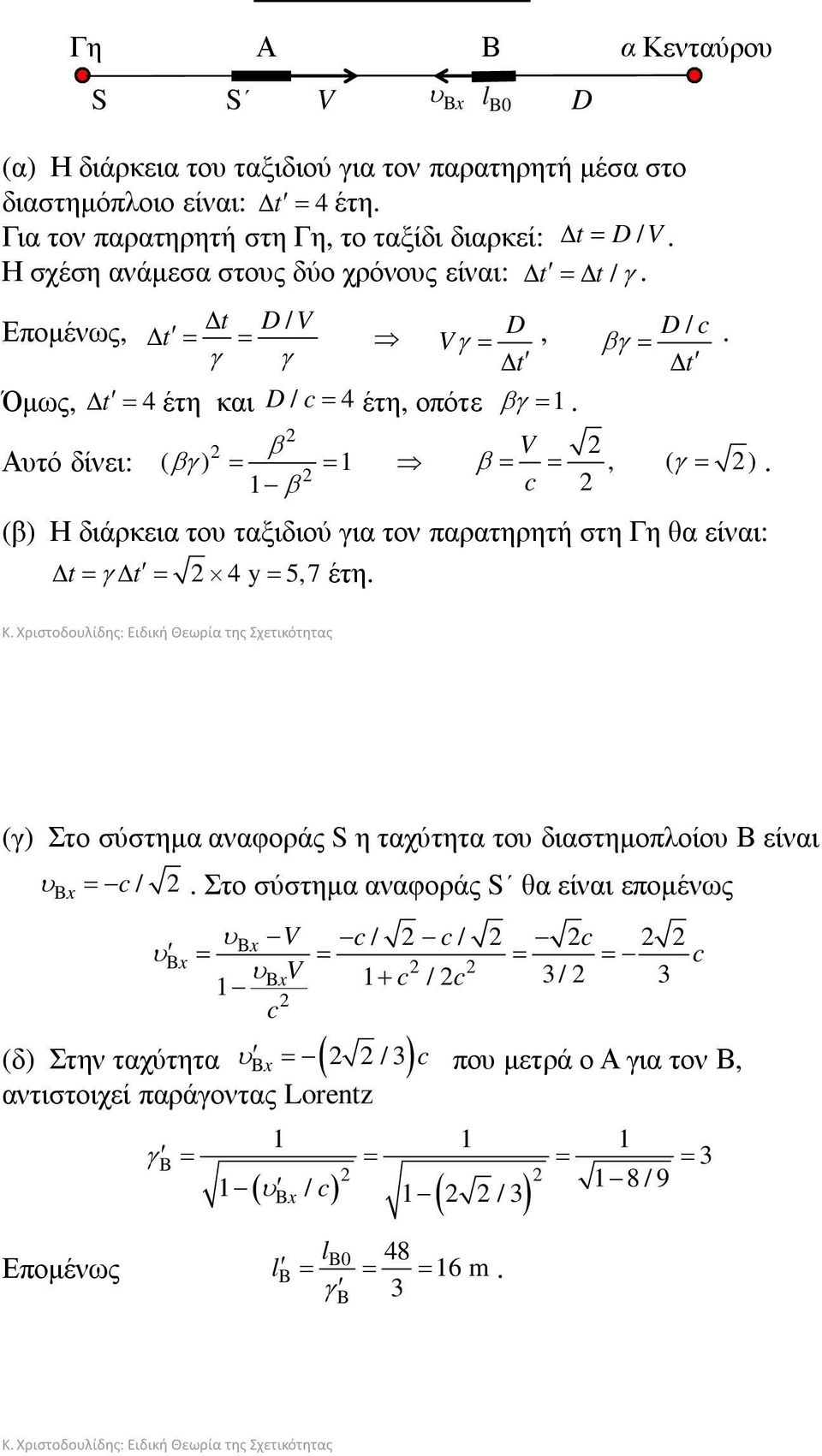 , ( γ = ) 1 β c (β) Η διάρκεια του ταξιδιού για τον παρατηρητή στη Γη θα είναι: t= γ t = 4 y= 5,7έτη. (γ) Στο σύστηµα αναφοράς S η ταχύτητα του διαστηµοπλοίου Β είναι υ B x = c /.