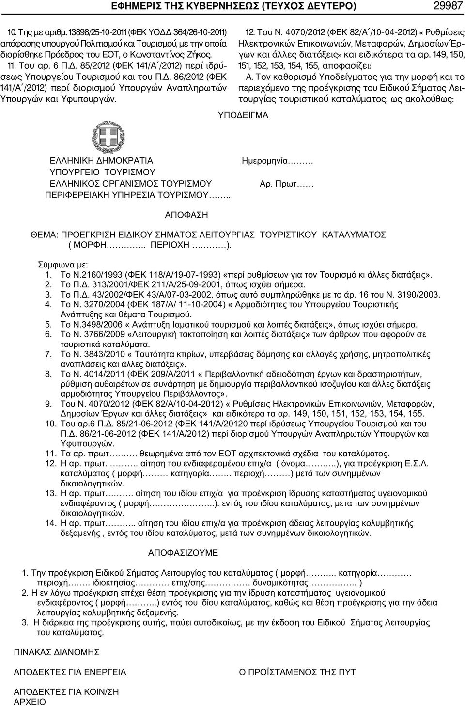 Δ. 86/2012 (ΦΕΚ 141/Α /2012) περί διορισμού Υπουργών Αναπληρωτών Υπουργών και Υφυπουργών. 12. Του Ν.