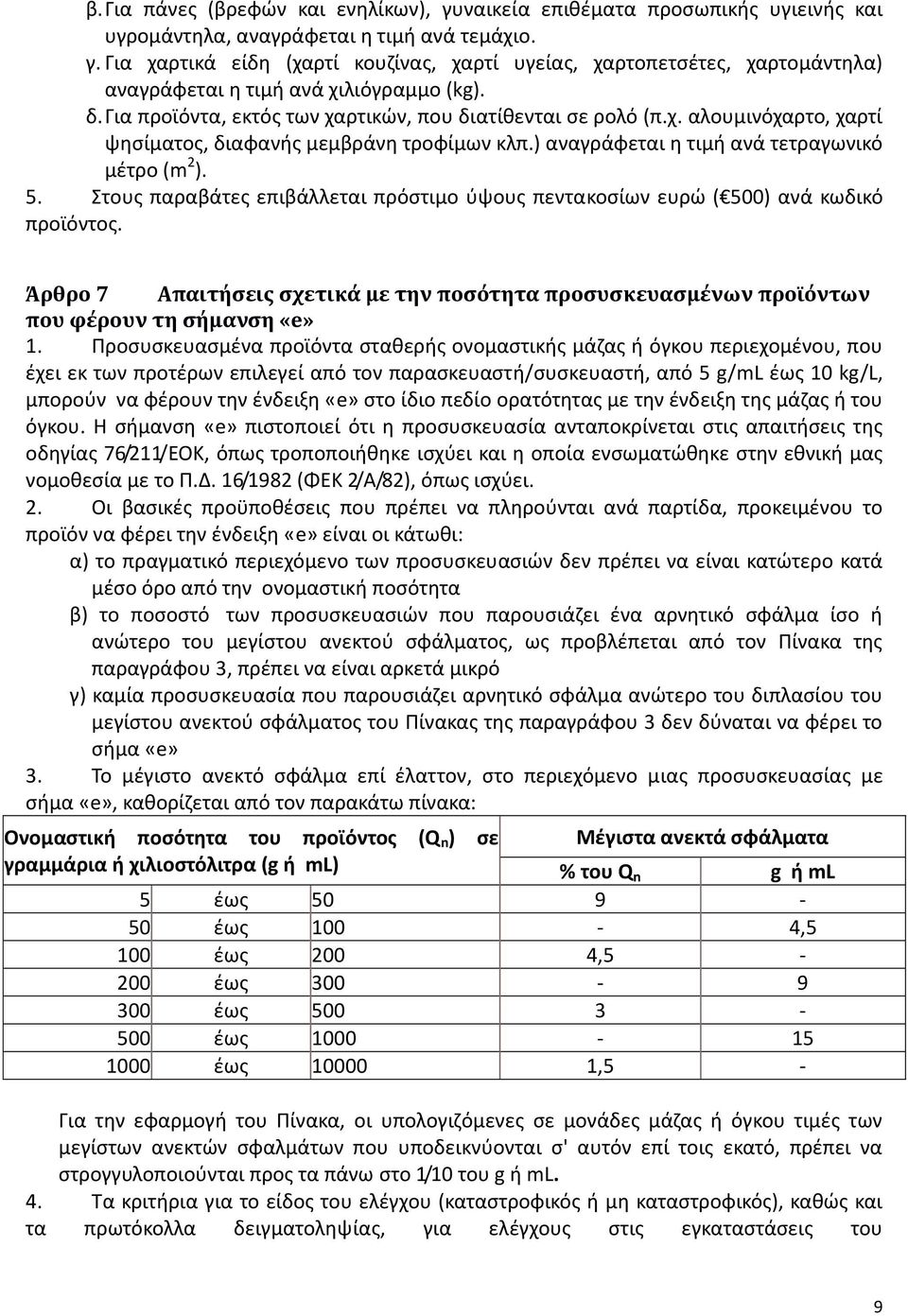 Στους παραβάτες επιβάλλεται πρόστιμο ύψους πεντακοσίων ευρώ ( 500) ανά κωδικό προϊόντος. Άρθρο 7 Απαιτήσεις σχετικά με την ποσότητα προσυσκευασμένων προϊόντων που φέρουν τη σήμανση «e» 1.