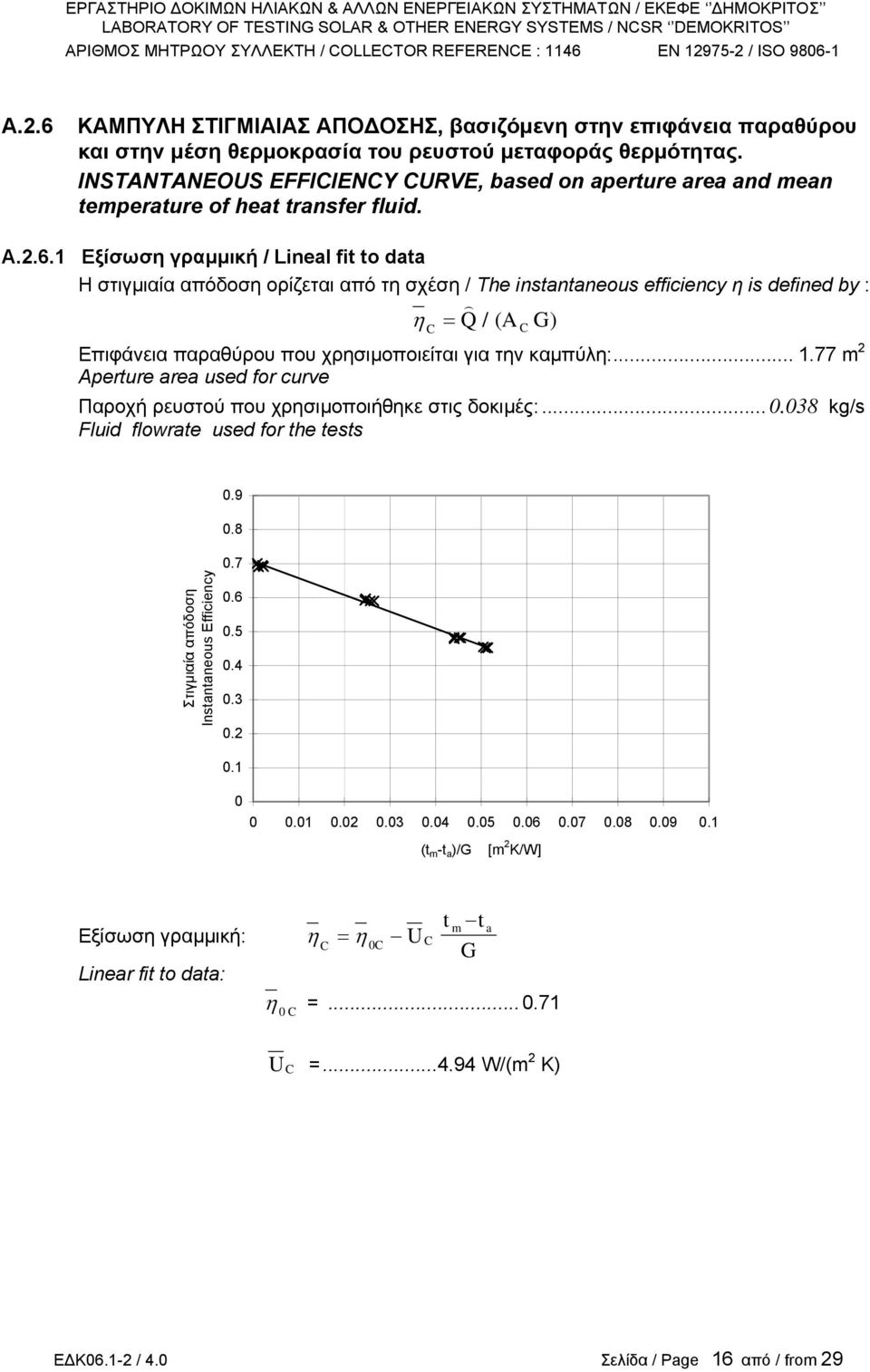 1 Εξίσωση γραµµική / Lineal fi o daa Η στιγµιαία απόδοση ορίζεται από τη σχέση / The insananeous efficiency η is defined by : = Q/(A ) C ) η C Επιφάνεια παραθύρου που χρησιµοποιείται για την καµπύλη:.