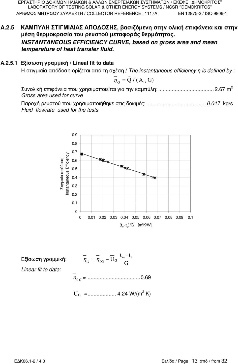 1 Εξίσωση γραµµική / Lineal fi o daa Η στιγµιαία απόδοση ορίζεται από τη σχέση / The insananeous efficiency η is defined by : = Q / ( A ) η Συνολική επιφάνεια που χρησιµοποιείται για την καµπύλη:... 2.