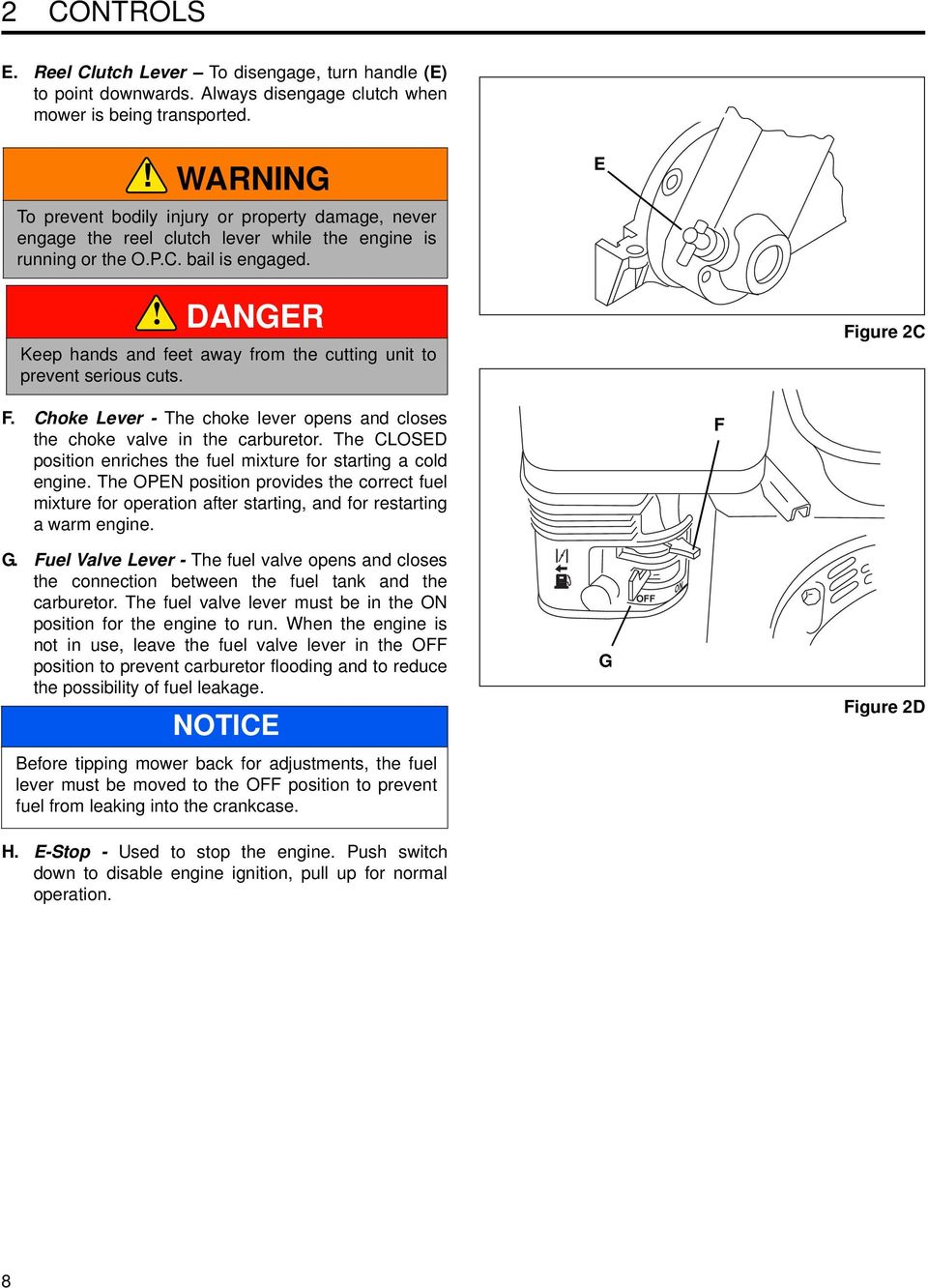 E DANGER Keep hands and feet away from the cutting unit to prevent serious cuts. Figure 2C F. Choke Lever - The choke lever opens and closes the choke valve in the carburetor.