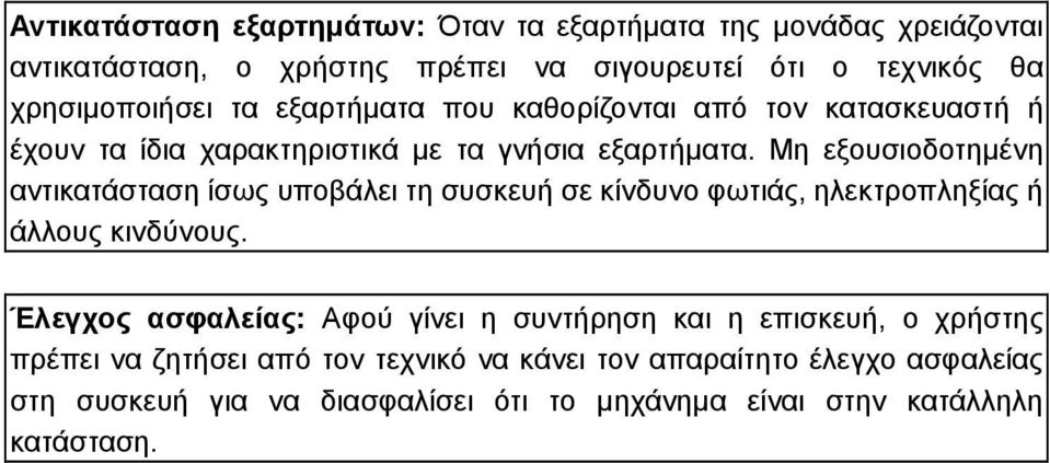 Μη εξουσιοδοτημένη αντικατάσταση ίσως υποβάλει τη συσκευή σε κίνδυνο φωτιάς, ηλεκτροπληξίας ή άλλους κινδύνους.