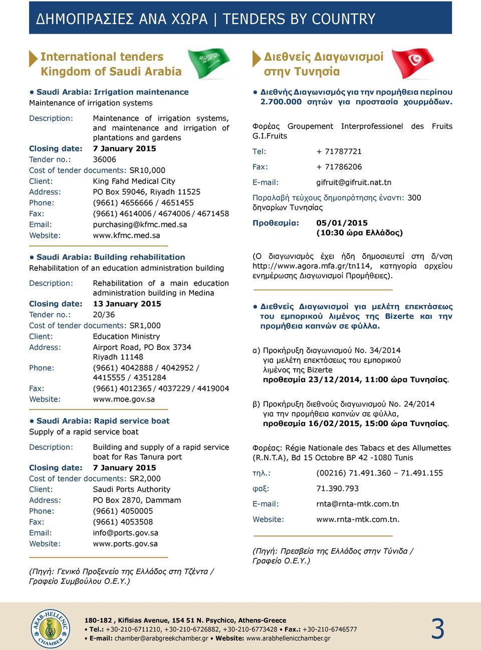 : 36006 Cost of tender documents: SR10,000 Client: King Fahd Medical City Address: PO Box 59046, Riyadh 11525 Phone: (9661) 4656666 / 4651455 Fax: (9661) 4614006 / 4674006 / 4671458 Email: