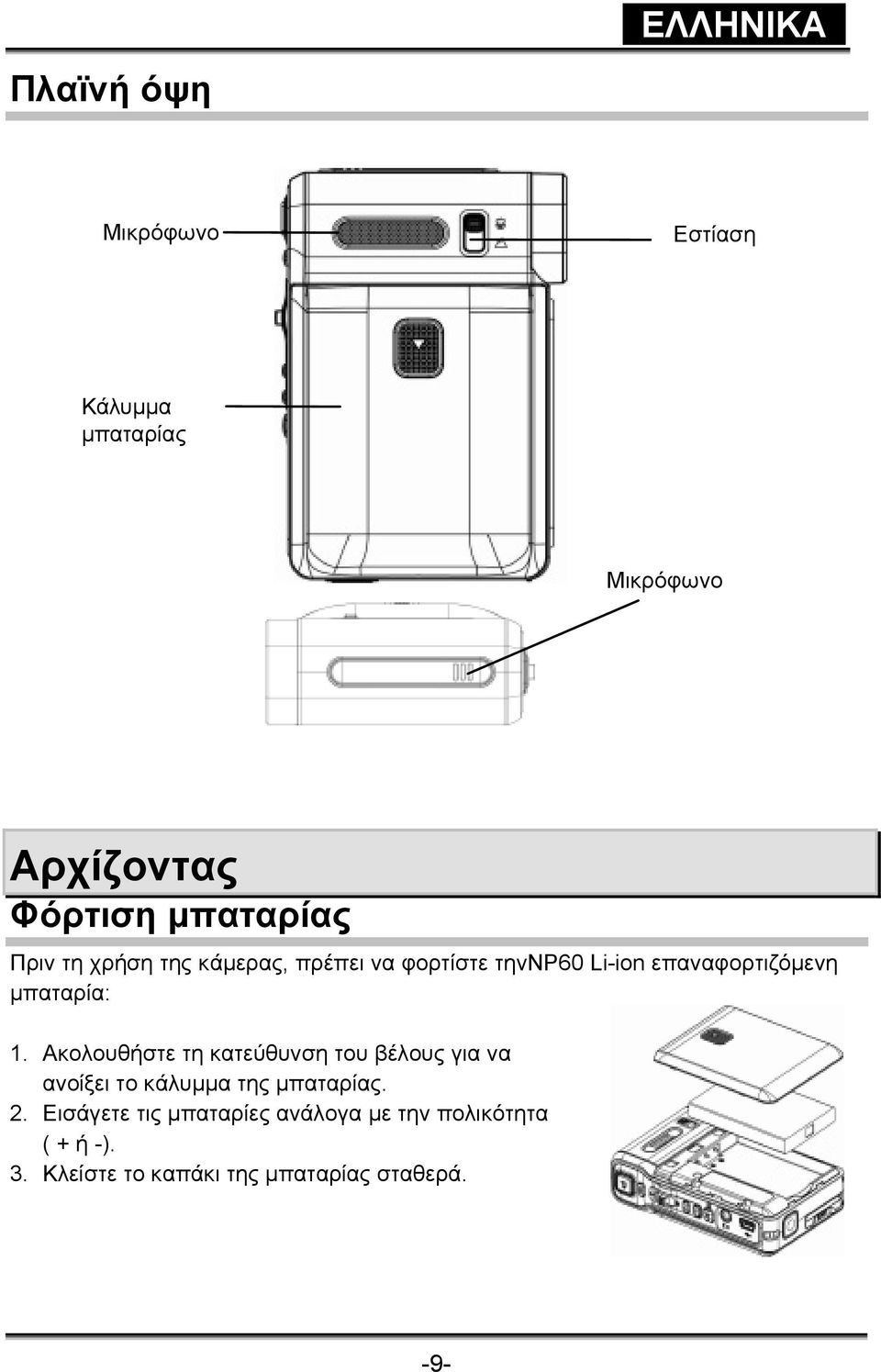 µπαταρία: 1. Ακολουθήστε τη κατεύθυνση του βέλους για να ανοίξει το κάλυµµα της µπαταρίας. 2.