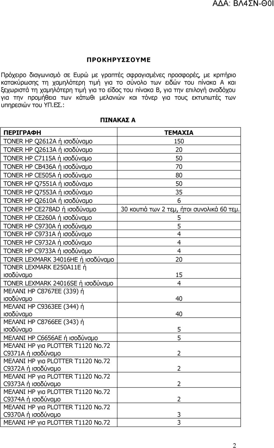 : ΠΙΝΑΚΑΣ Α ΠΕΡΙΓΡΑΦΗ ΤΕΜΑΧΙΑ TONER HP Q2612A ή ισοδύναμο 150 TONER HP Q2613A ή ισοδύναμο 20 TONER HP C7115Α ή ισοδύναμο 50 TONER HP CB436A ή ισοδύναμο 70 TONER HP CE505A ή ισοδύναμο 80 TONER HP