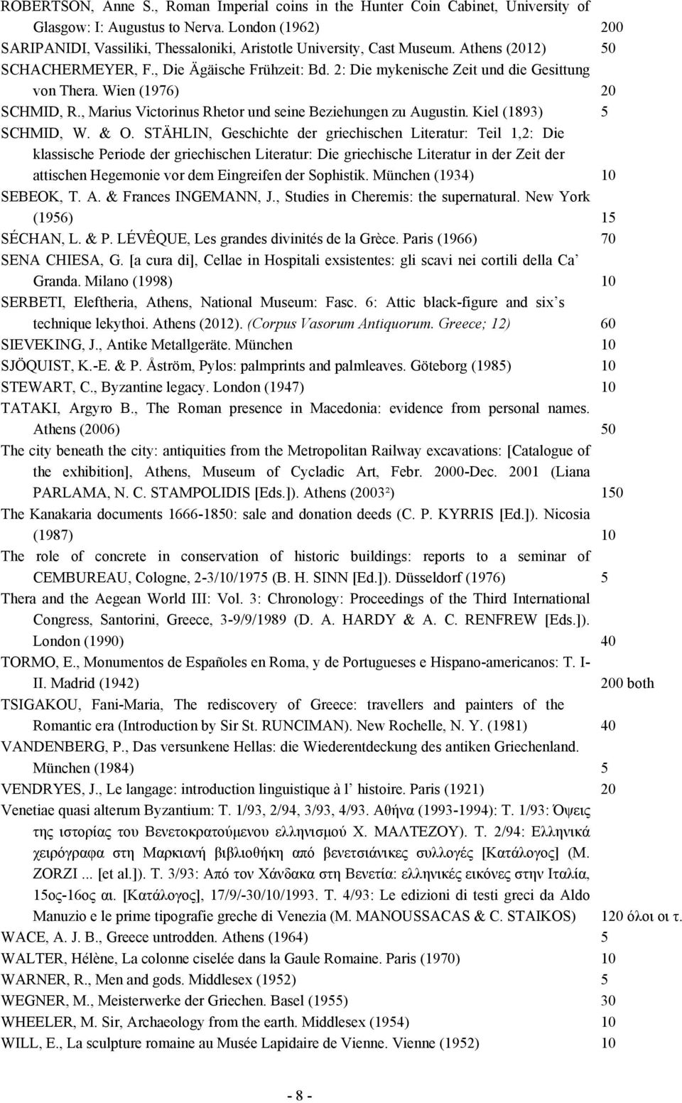 2: Die mykenische Zeit und die Gesittung von Thera. Wien (1976) 20 SCHMID, R., Marius Victorinus Rhetor und seine Beziehungen zu Augustin. Kiel (1893) 5 SCHMID, W. & O.