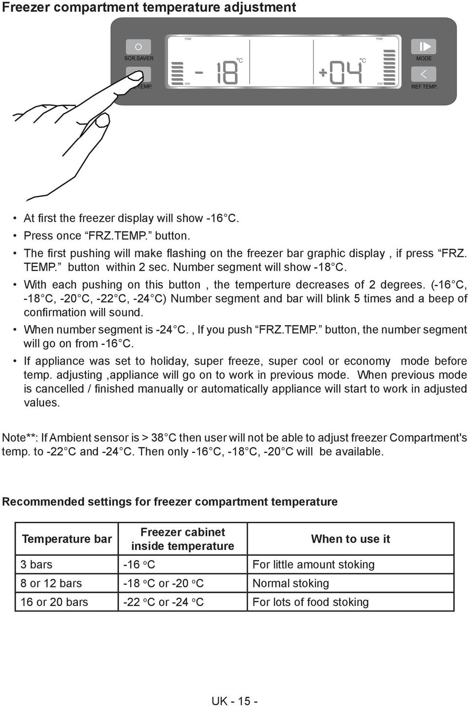 With each pushing on this button, the temperture decreases of 2 degrees. (-16 C, -18 C, -20 C, -22 C, -24 C) Number segment and bar will blink 5 times and a beep of confirmation will sound.