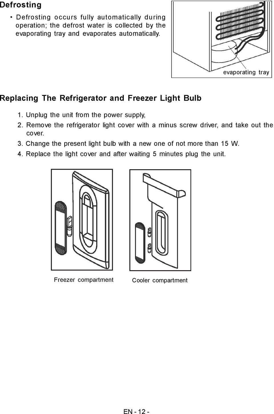 Unplug the unit from the power supply,. Remove the refrigerator light cover with a minus screw driver, and take out the cover. 3.