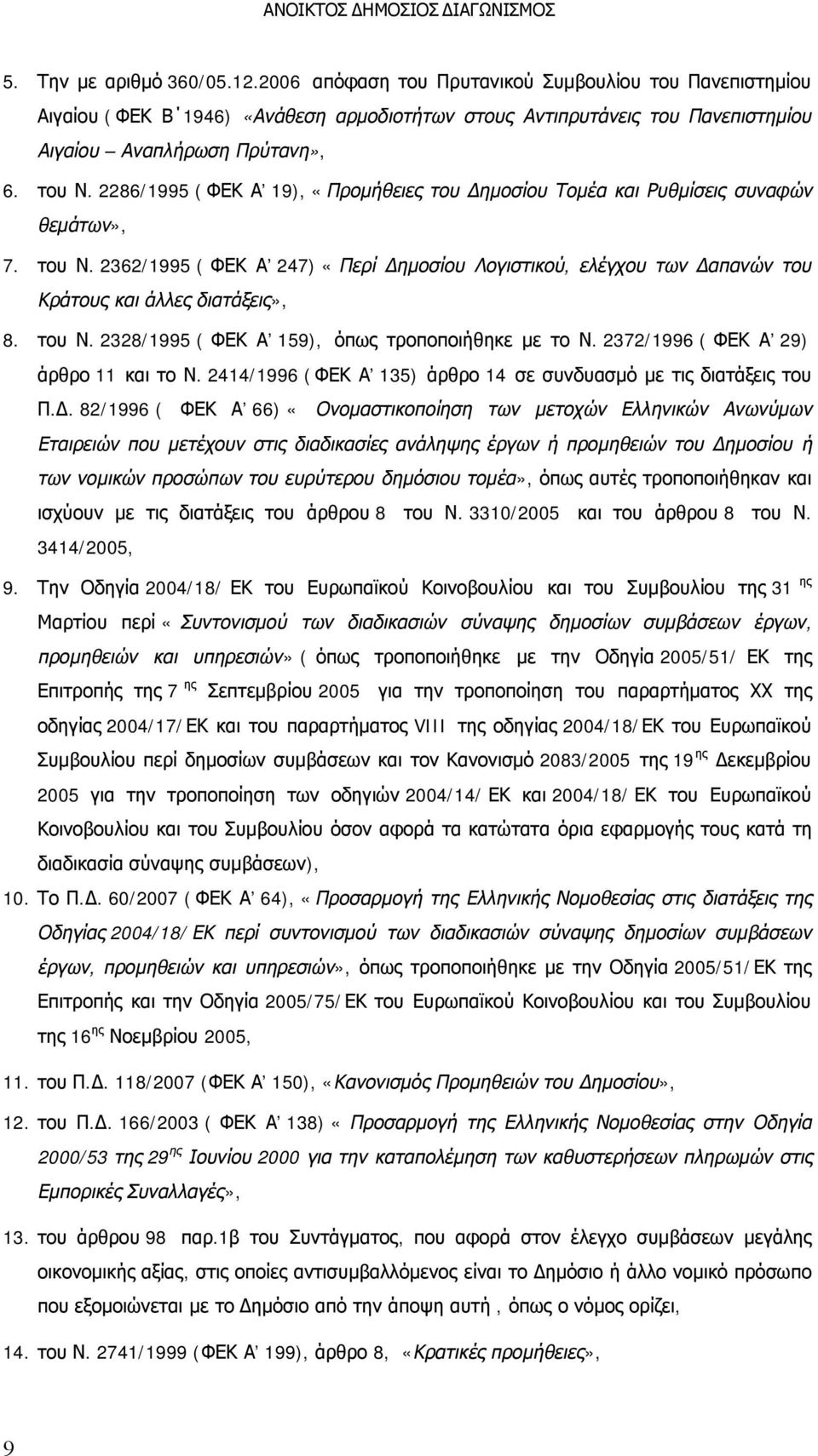 2362/1995 ( ΦΕΚ Α 247) «Περί Δημοσίου Λογιστικού, ελέγχου των Δαπανών του Κράτους και άλλες διατάξεις», 8. του Ν. 2328/1995 ( ΦΕΚ Α 159), όπως τροποποιήθηκε με το Ν.