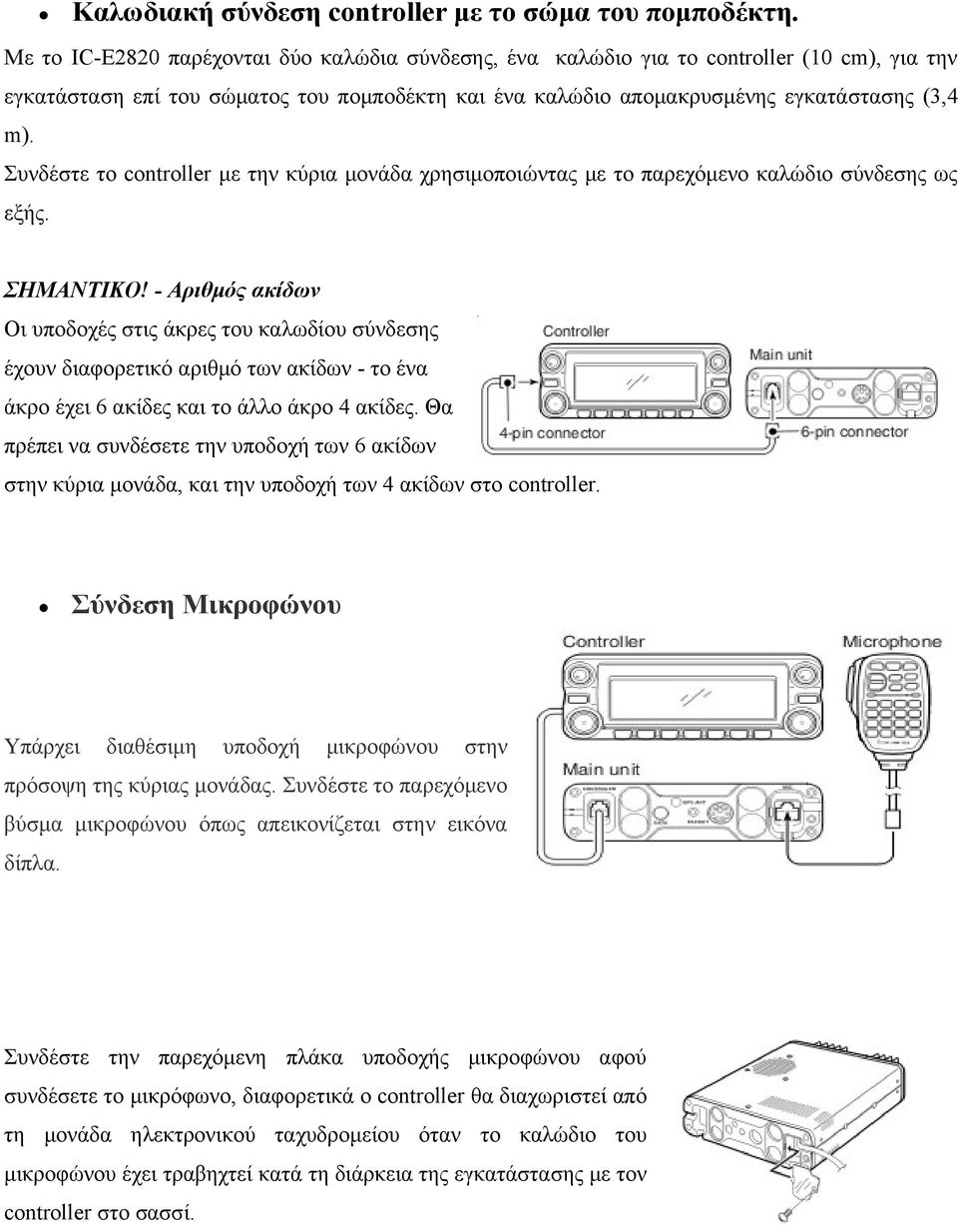 Συνδέστε το controller με την κύρια μονάδα χρησιμοποιώντας με το παρεχόμενο καλώδιο σύνδεσης ως εξής. ΣΗΜΑΝΤΙΚΟ!