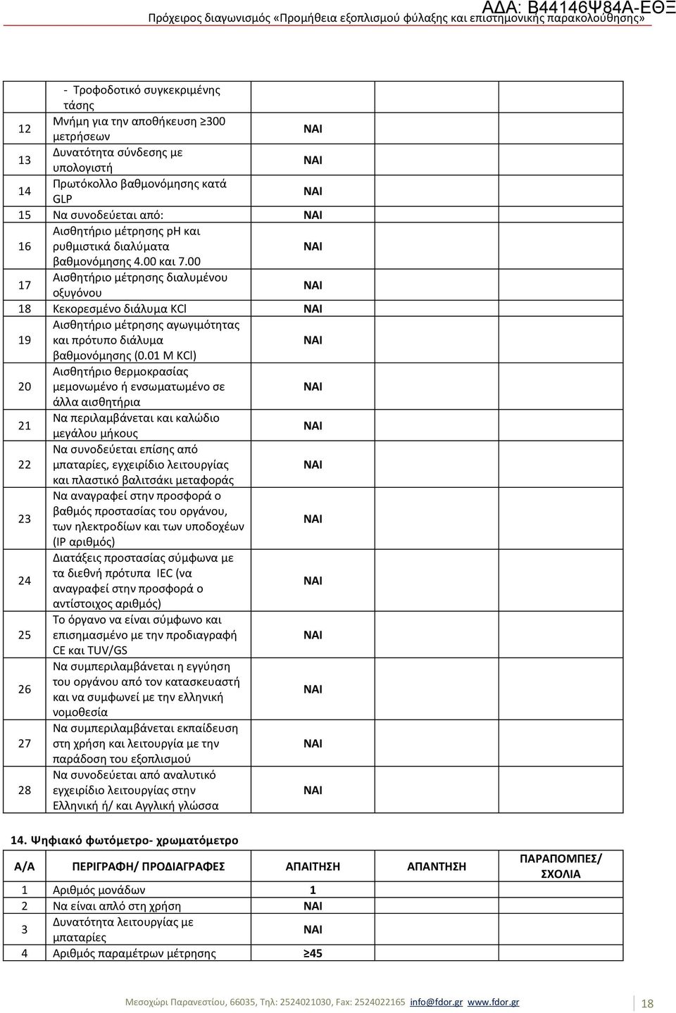 01 Μ KCl) 20 Αισθητήριο θερμοκρασίας μεμονωμένο ή ενσωματωμένο σε άλλα αισθητήρια 21 Να περιλαμβάνεται και καλώδιο μεγάλου μήκους 22 Να συνοδεύεται επίσης από μπαταρίες, εγχειρίδιο λειτουργίας και