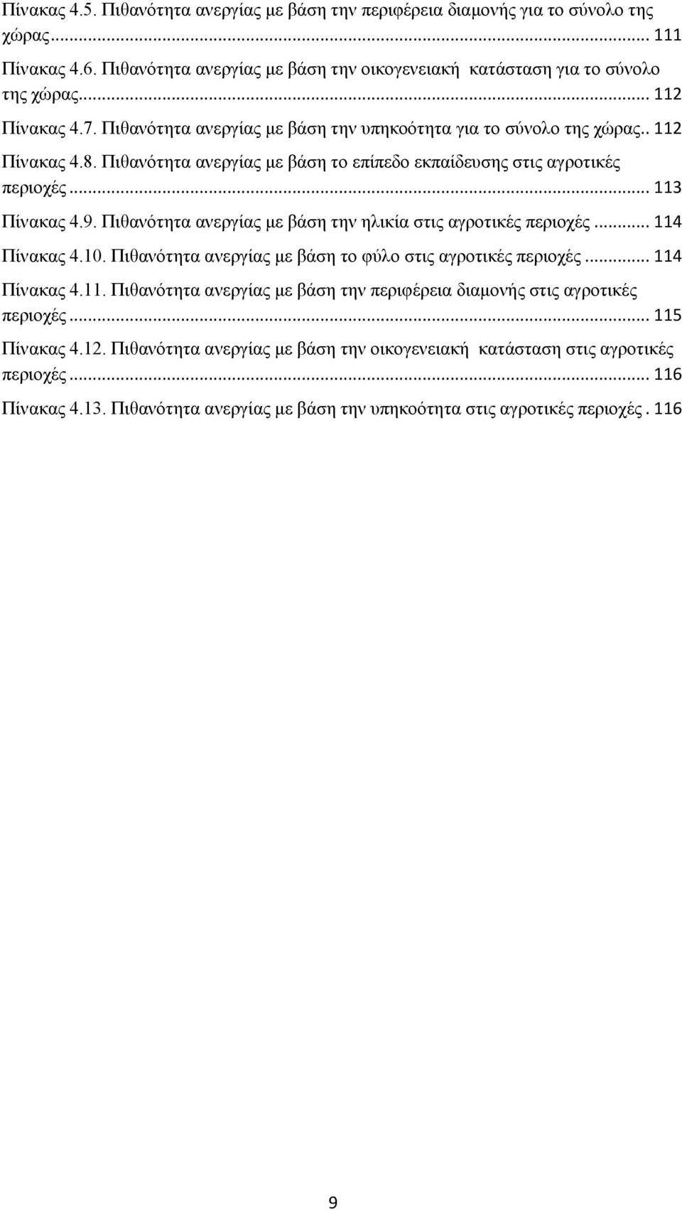 Πιθανότητα ανεργίας με βά την ηλικία στις αγροτικές περιοχές... 114 Πίνακας 4.10. Πιθανότητα ανεργίας με βά το φύλο στις αγροτικές περιοχές... 114 Πίνακας 4.11. Πιθανότητα ανεργίας με βά την περιφέρεια διαμονής στις αγροτικές περιοχές.