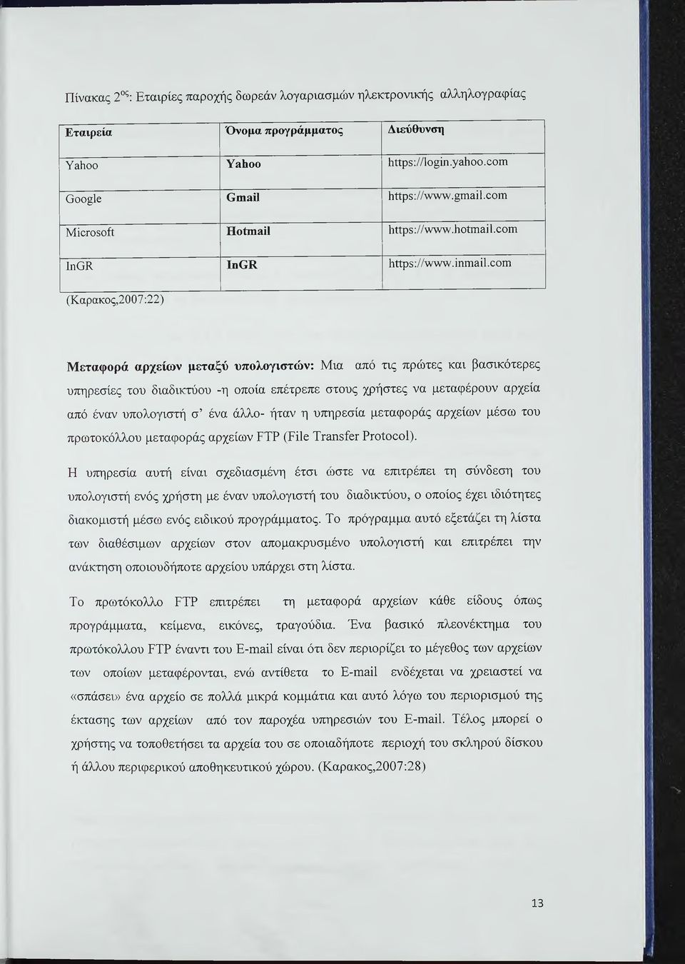 οοιη (Καρακος,2007 ;22) Μεταφορά αρχείων μεταξύ υπολογιστών: Μια από τις πρώτες και βασικότερες υπηρεσίες του διαδικτύου -η οποία επέτρεπε στους χρήστες να μεταφέρουν αρχεία από έναν υπολογιστή σ ένα