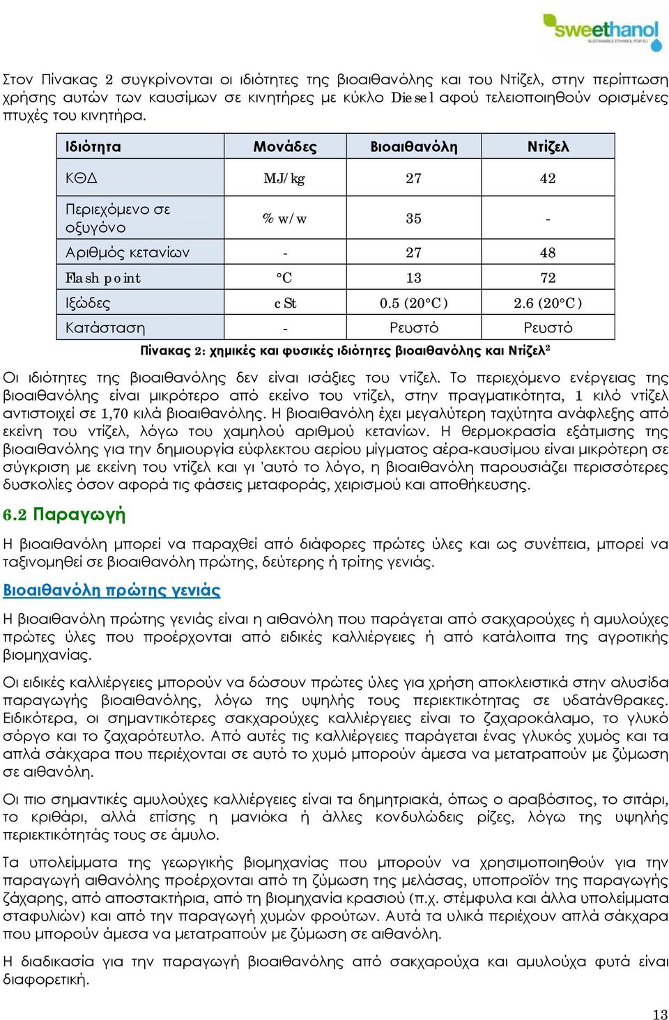 6 (20 C) Κατάσταση - Ρευστό Ρευστό Πίνακας 2: χημικές και φυσικές ιδιότητες βιοαιθανόλης και Ντίζελ 2 Οι ιδιότητες της βιοαιθανόλης δεν είναι ισάξιες του ντίζελ.