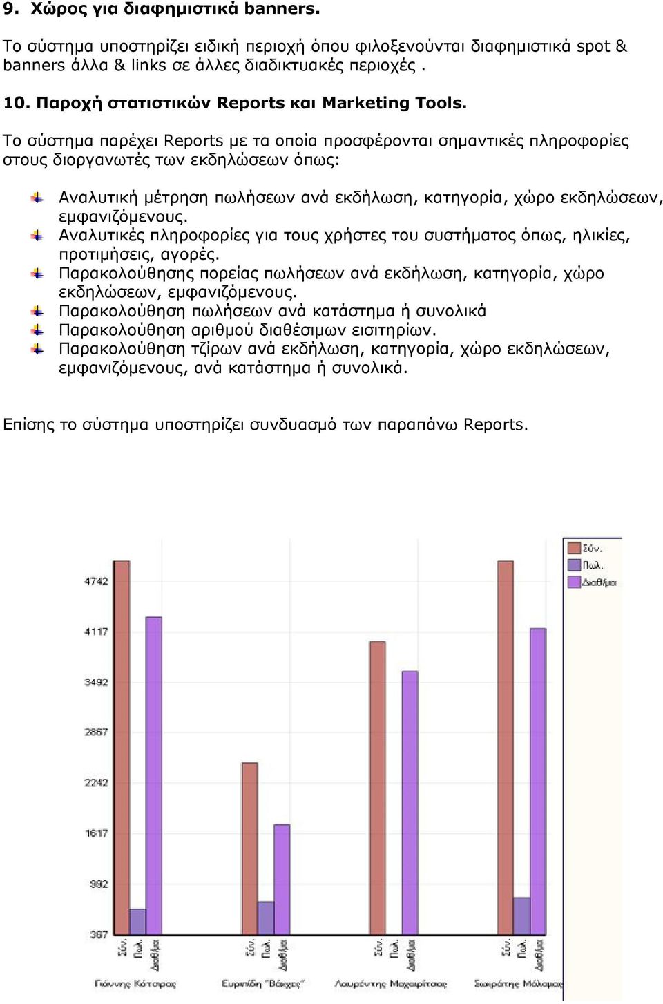 Το σύστημα παρέχει Reports με τα οποία προσφέρονται σημαντικές πληροφορίες στους διοργανωτές των εκδηλώσεων όπως: Αναλυτική μέτρηση πωλήσεων ανά εκδήλωση, κατηγορία, χώρο εκδηλώσεων, εμφανιζόμενους.