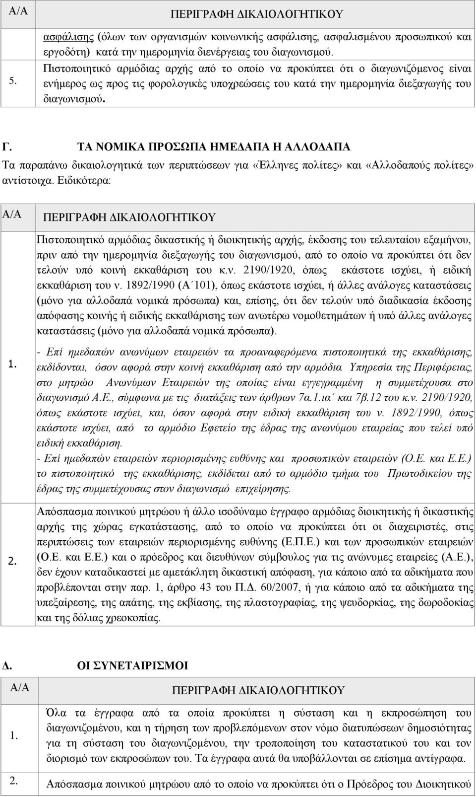 ΤΑ ΝΟΜΙΚΑ ΠΡΟΣΩΠΑ ΗΜΕΔΑΠΑ Η ΑΛΛΟΔΑΠΑ Τα παραπάνω δικαιολογητικά των περιπτώσεων για «Έλληνες πολίτες» και «Αλλοδαπούς πολίτες» αντίστοιχα. Ειδικότερα: Α/Α 1. 2.