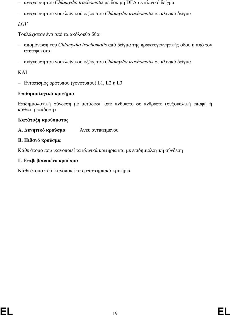 trachomatis σε κλινικό δείγμα ΚΑΙ Εντοπισμός ορότυπου (γονότυπου) L1, L2 ή L3 Επιδημιολογική σύνδεση με μετάδοση από άνθρωπο σε άνθρωπο (σεξουαλική επαφή ή κάθετη