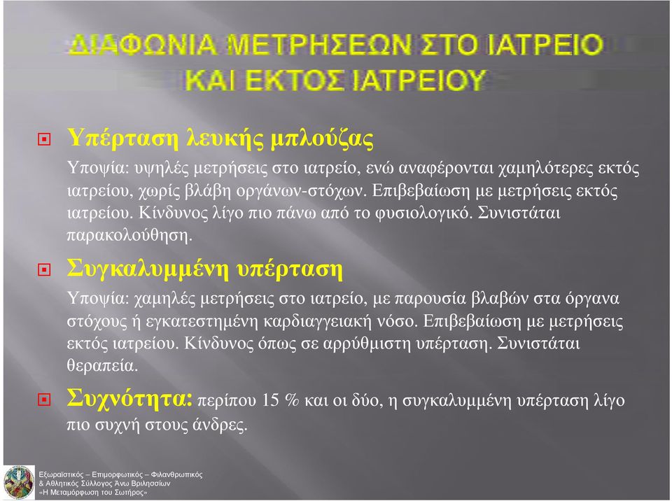 Συγκαλυμμένη υπέρταση Υποψία: χαμηλές μετρήσεις στο ιατρείο, με παρουσία βλαβών στα όργανα στόχους ή εγκατεστημένη καρδιαγγειακή νόσο.