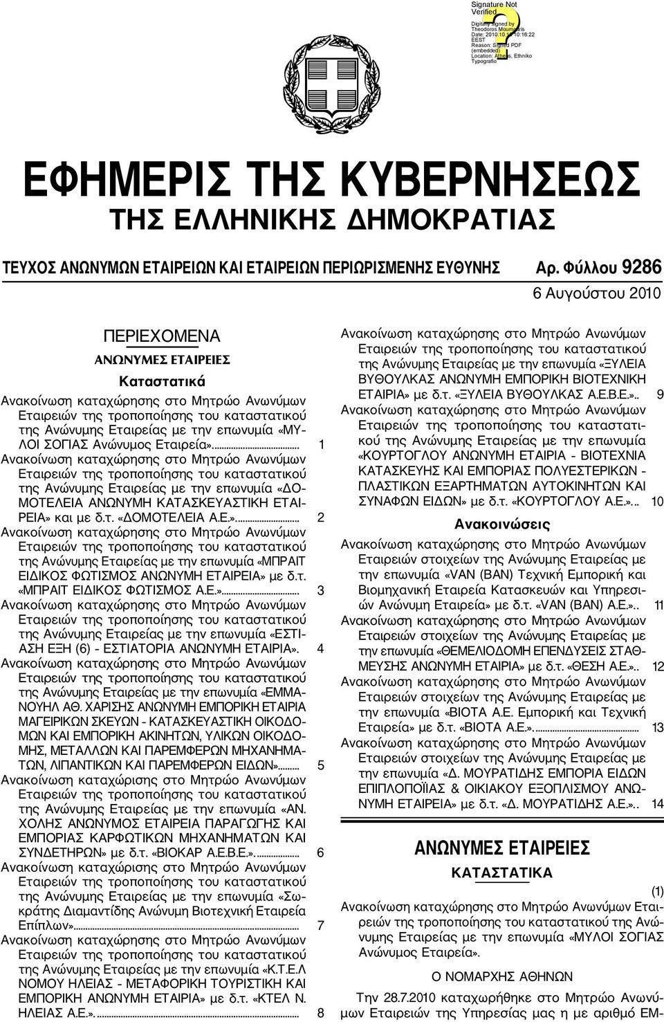 ... 1 της Ανώνυμης Εταιρείας με την επωνυμία «ΔΟ ΜΟΤΕΛΕΙΑ ΑΝΩΝΥΜΗ ΚΑΤΑΣΚΕΥΑΣΤΙΚΗ ΕΤΑΙ ΡΕΙΑ» και με δ.τ. «ΔΟΜΟΤΕΛΕΙΑ Α.Ε.».... 2 της Ανώνυμης Εταιρείας με την επωνυμία «ΜΠΡΑΙΤ ΕΙΔΙΚΟΣ ΦΩΤΙΣΜΟΣ ΑΝΩΝΥΜΗ ΕΤΑΙΡΕΙΑ» με δ.