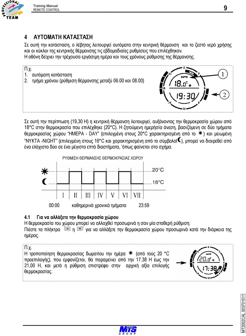 00 και 08.00) Σε αυτή την περίπτωση (19,30 H) η κεντρική θέρµανση λειτουργεί, αυξάνοντας την θερµοκρασία χώρου από 18 C στην θερµοκρασία που επιλέχθηκε (20 C).